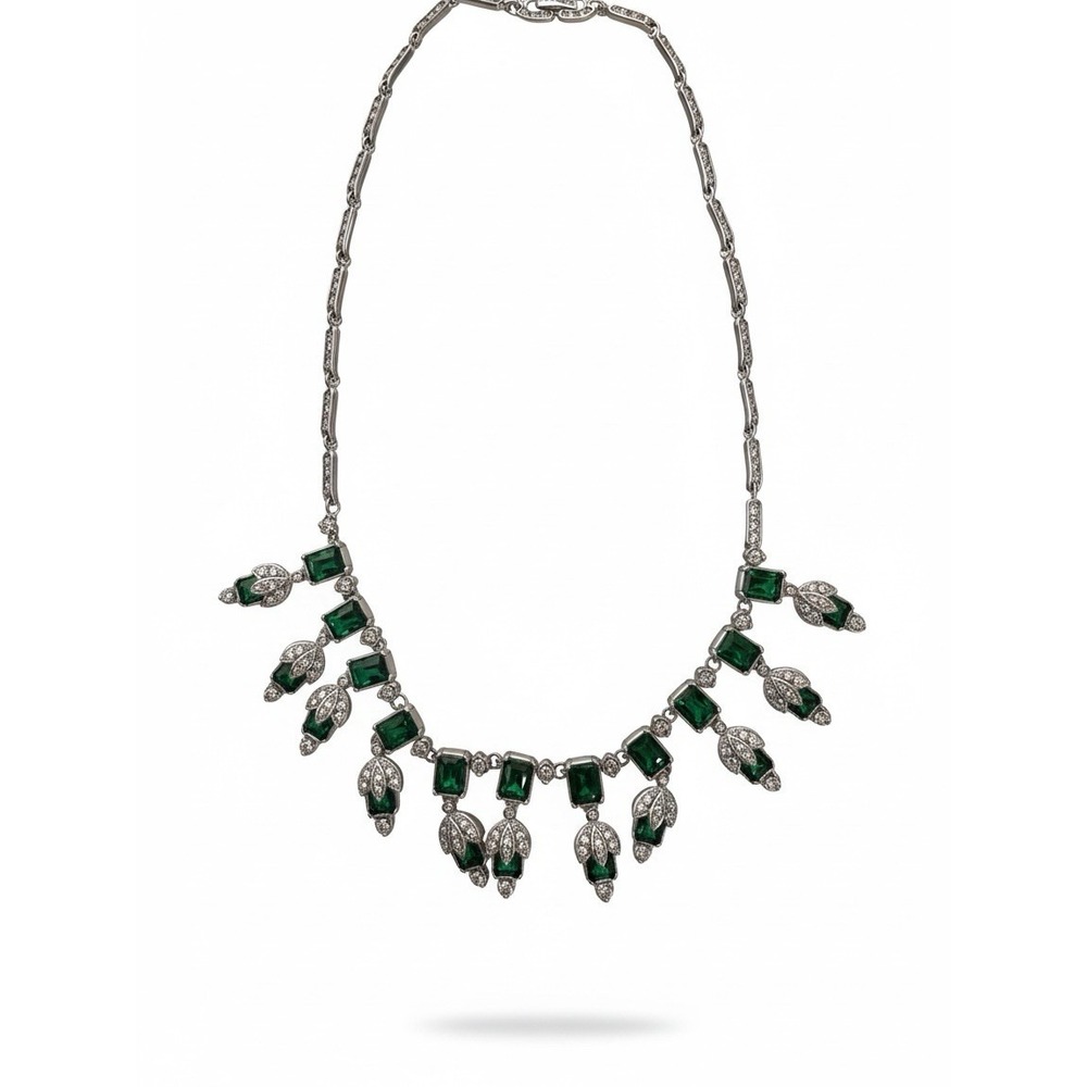 ANN TAYLOR Vintage Look Faux Emerald and Rhinestone Dangle Necklace
